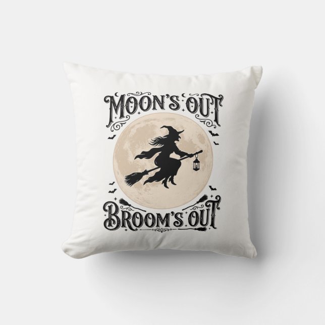 Moons Out Brooms Out Witch Halloween Cushion (Front)