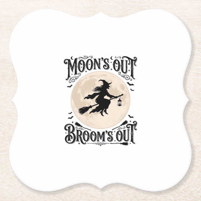Moons Out Brooms Out Witch Halloween Paper Coaster (Front)