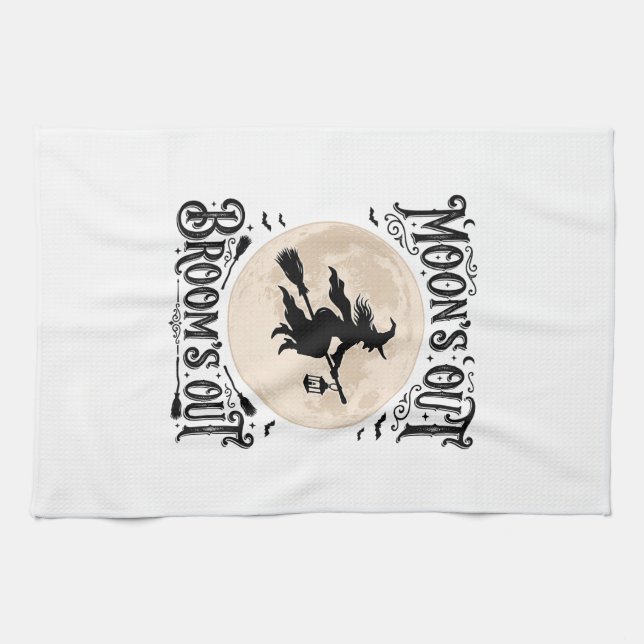 Moons Out Brooms Out Witch Halloween Tea Towel (Horizontal)