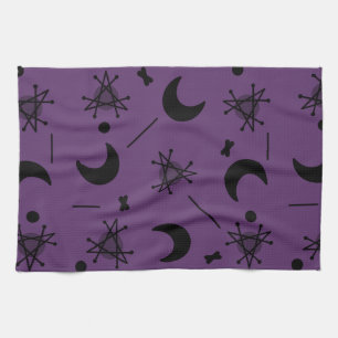 Moons & Stars Atomic Era Abstract Eggplant Purple Tea Towel