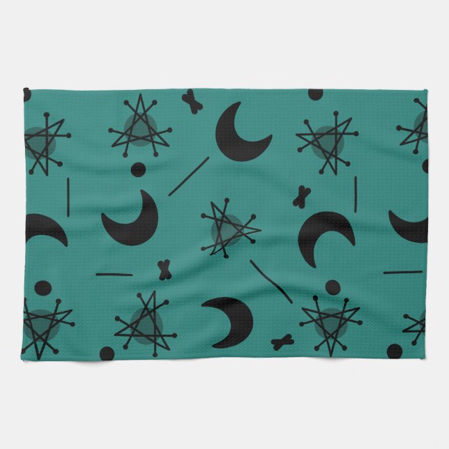 Moons & Stars Atomic Era Abstract Teal Tea Towel (Horizontal)