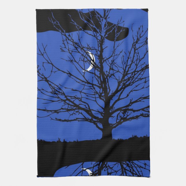 Moonscape in Cobalt Blue and Black Tea Towel (Vertical)