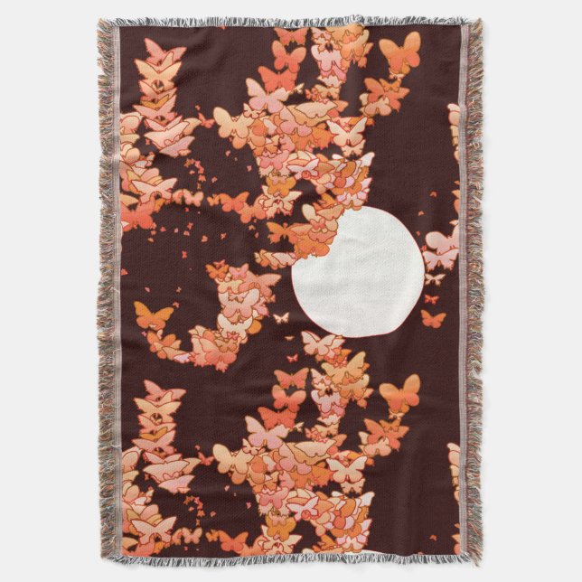 Moonscape with butterflies - coral, chocolate throw blanket (Front Vertical)