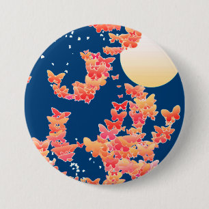 Moonscape with butterflies - coral, teal blue 7.5 cm round badge