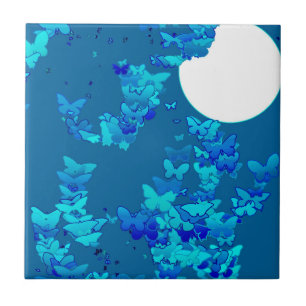 Moonscape with butterflies - deep blue tile