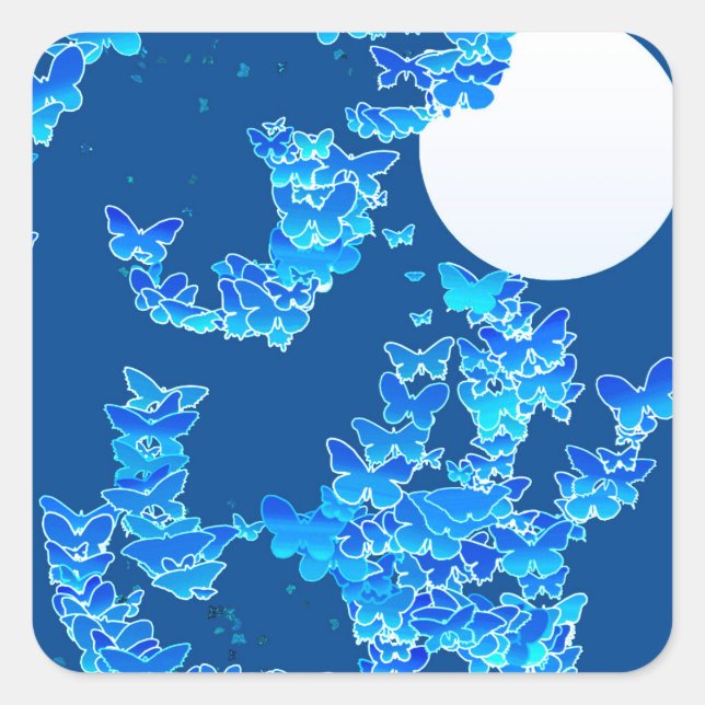 Moonscape with butterflies - deep indigo blue square sticker (Front)