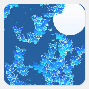 Moonscape with butterflies - deep indigo blue square sticker