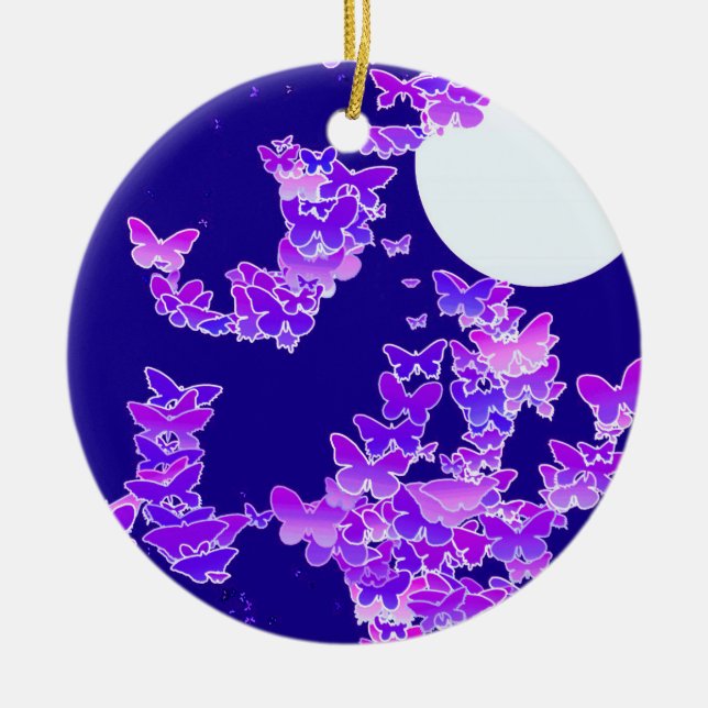 Moonscape with butterflies - lilac, dark blue ceramic tree decoration (Front)