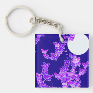Moonscape with butterflies - lilac, dark blue key ring