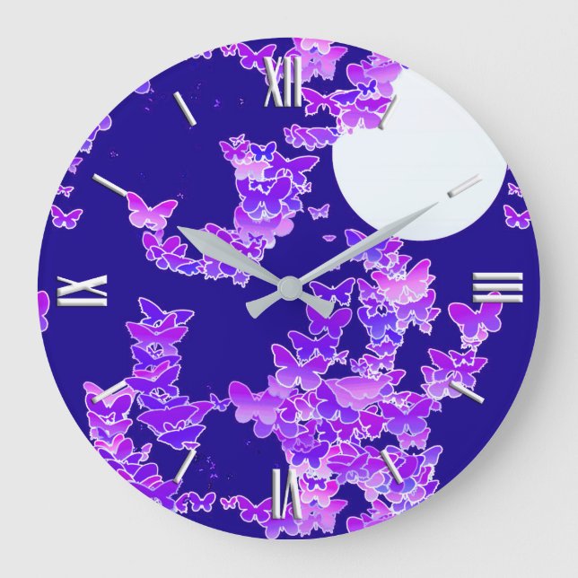Moonscape with butterflies - lilac, dark blue large clock (Front)