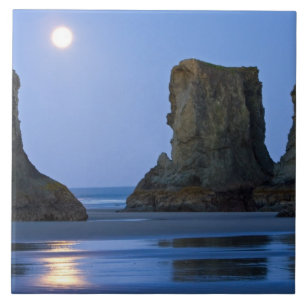 Moonset, Bandon Beach, Oregon. Tile