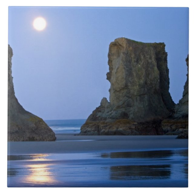 Moonset, Bandon Beach, Oregon. Tile (Front)