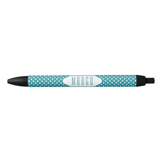 Moonstone blue/teal & white polka dots custom pen (Front)