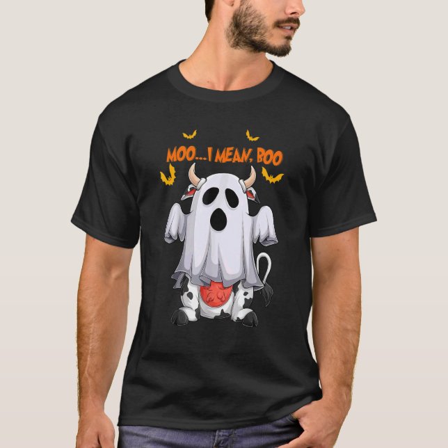 Mooo I Mean Booo Cute Cow Ghost Halloween Cow T-Shirt (Front)