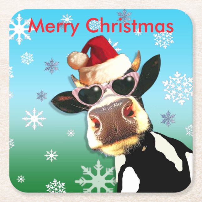 Moooootiful Christmas Cow Santa Hat Square Paper Coaster (Front)