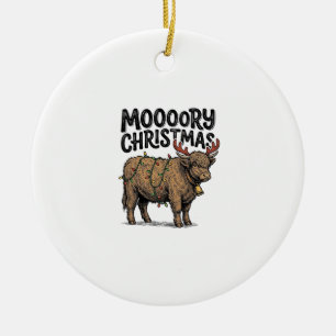 Moooory Christmas Highland Cow Vintage Engraving T Ceramic Tree Decoration