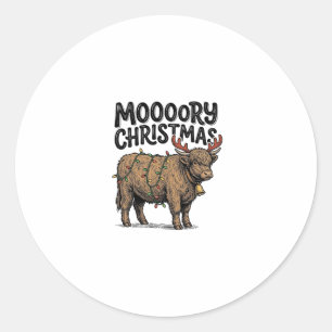 Moooory Christmas Highland Cow Vintage Engraving T Classic Round Sticker