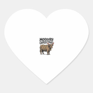 Moooory Christmas Highland Cow Vintage Engraving T Heart Sticker
