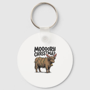 Moooory Christmas Highland Cow Vintage Engraving T Key Ring