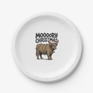 Moooory Christmas Highland Cow Vintage Engraving T Paper Plate