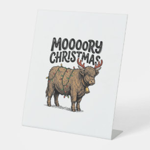 Moooory Christmas Highland Cow Vintage Engraving T Pedestal Sign