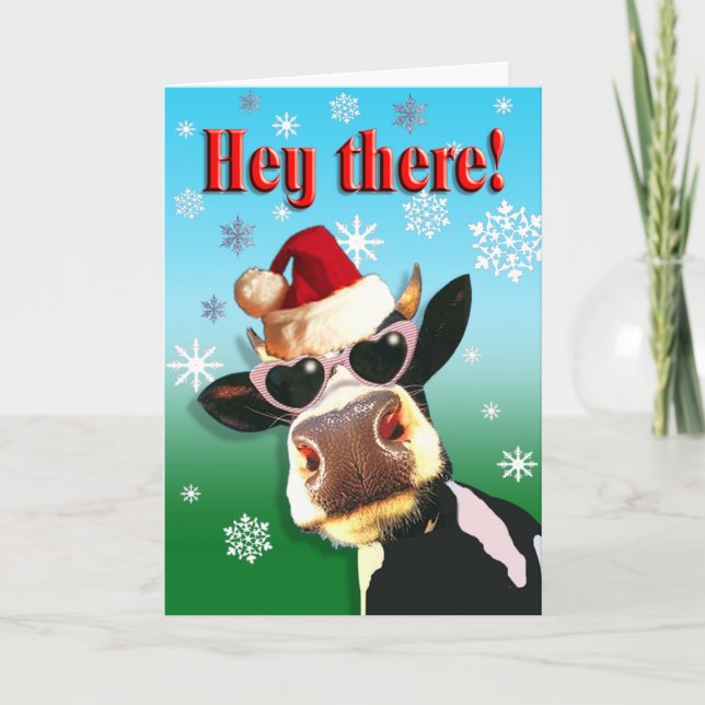 Mooootiful Christmas Cow Santa Hat Holiday Card (Front)