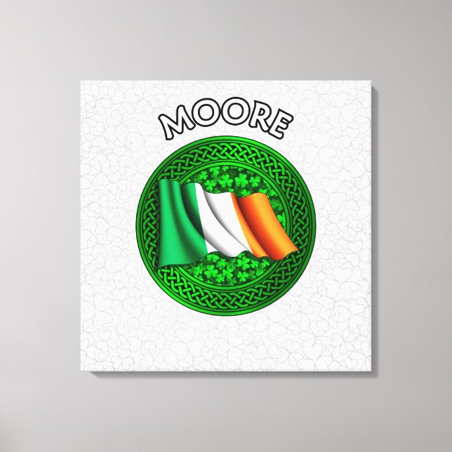 Moore Crest & Celtic Knot on Shamrock Canvas Print (Front)