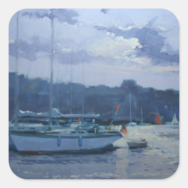 Moored yachts late afternoon square sticker (Front)