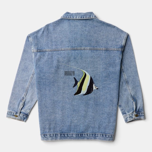 Moorish idol fish cartoon illustration denim jacket (Back)