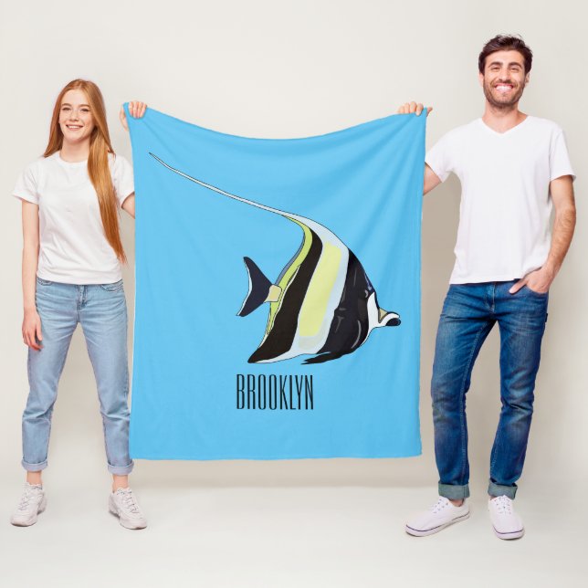 Moorish idol fish cartoon illustration fleece blanket (In Situ)