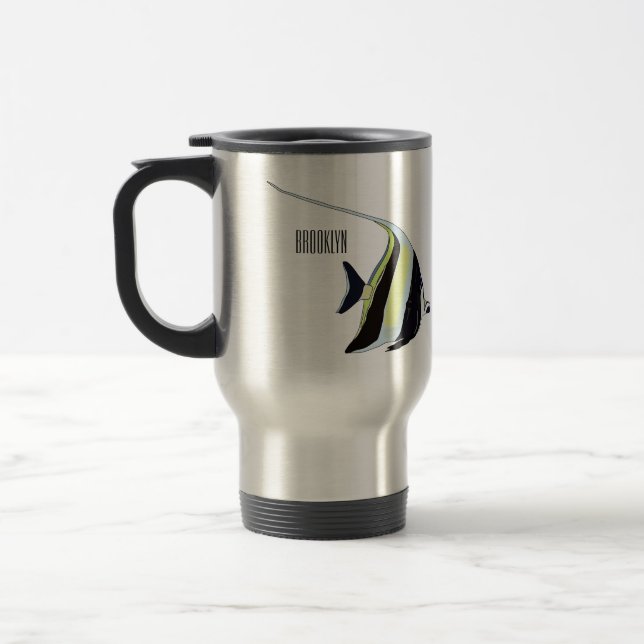 Moorish idol fish cartoon illustration travel mug (Left)