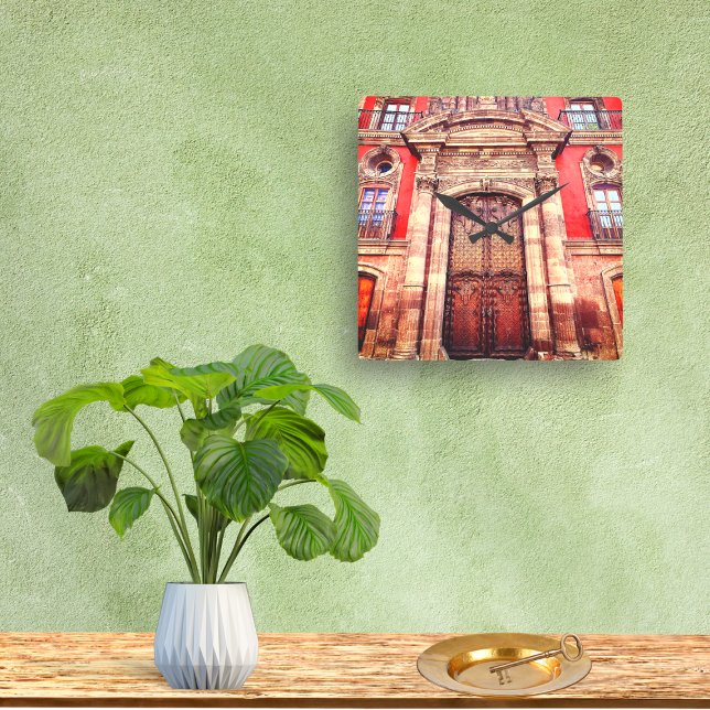 Moorish San Miguel de Allende Brown & Orange Door Square Wall Clock (Creator Uploaded)