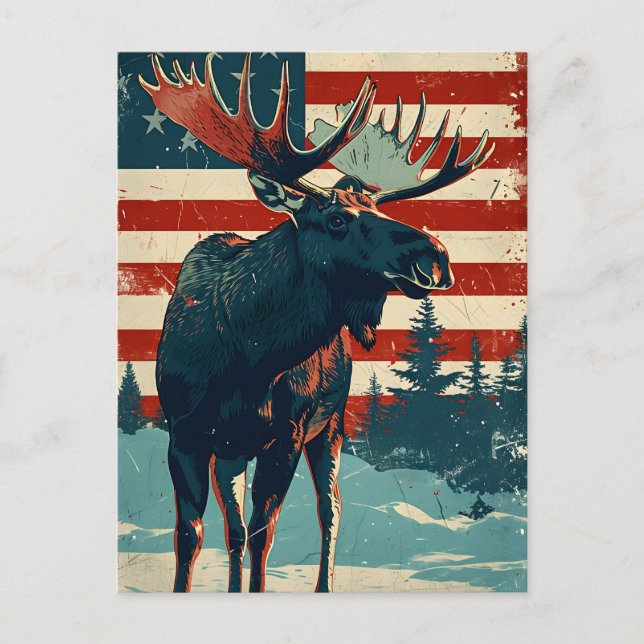 Moose American Flag Vintage Postcard (Front)