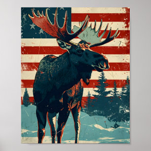 Moose American Flag Vintage Poster