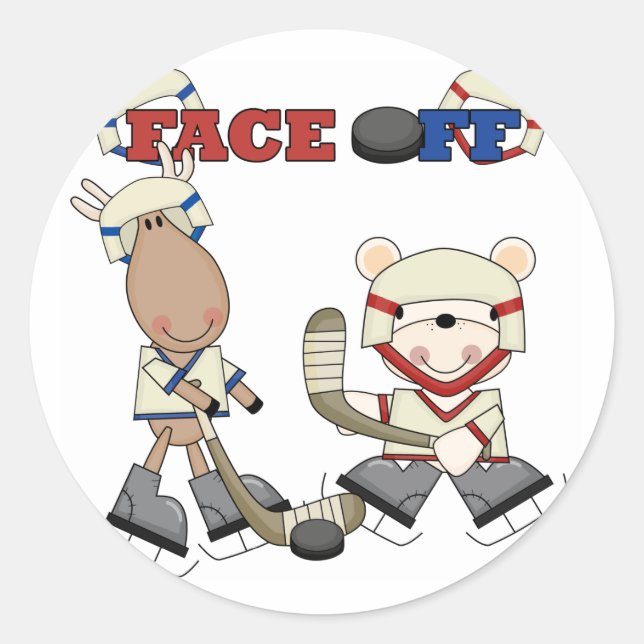 Moose and Bear Hockey Face Off Tshirts and Gifts Classic Round Sticker (Front)