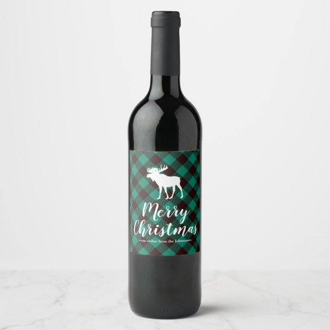 Moose and Buffalo Green Plaid Pattern Christmas Wine Label (Front)