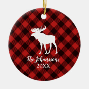 Moose and Buffalo Red and Black Plaid Christmas Ceramic Tree Decoration