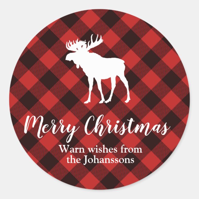 Moose and Buffalo Red and Black Plaid Christmas Classic Round Sticker (Front)
