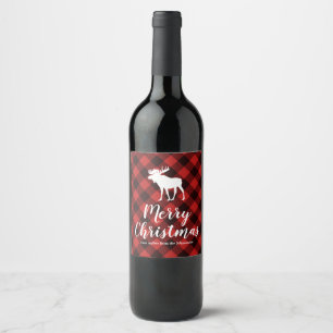 Moose and Buffalo  Red and Black Plaid Christmas Wine Label