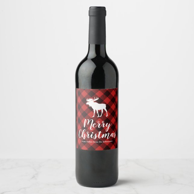 Moose and Buffalo  Red and Black Plaid Christmas Wine Label (Front)