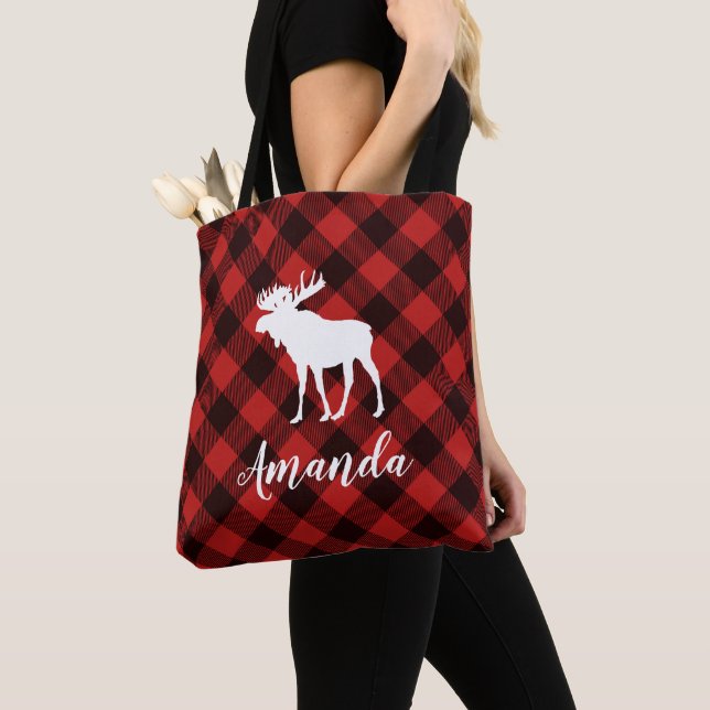 Moose and Buffalo Red Plaid Pattern Christmas Tote Bag (Close Up)