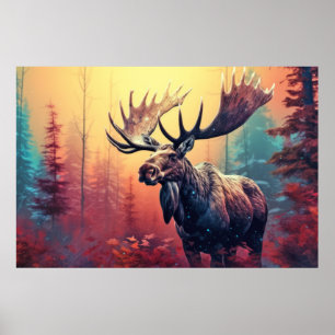 Moose Animal Wildlife Wilderness Colourful Wall Ar Poster