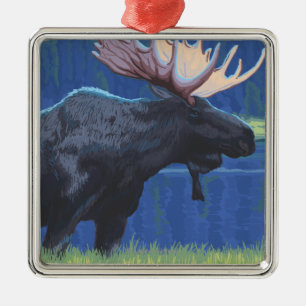 Moose at Night - Latouche, Alaska Metal Tree Decoration