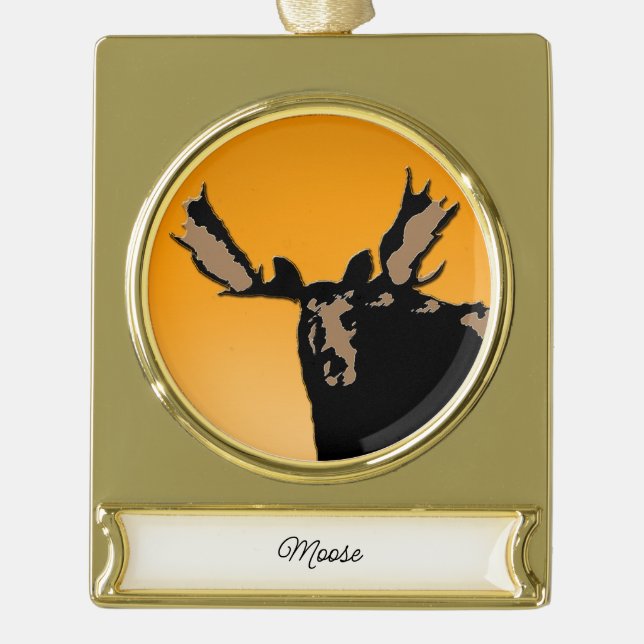 Moose at Sunset  - Original Wildlife Art Gold Plated Banner Ornament (Front)