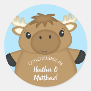 Moose Baby Shower Blue Classic Round Sticker