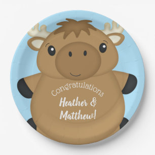 Moose Baby Shower Blue Paper Plate