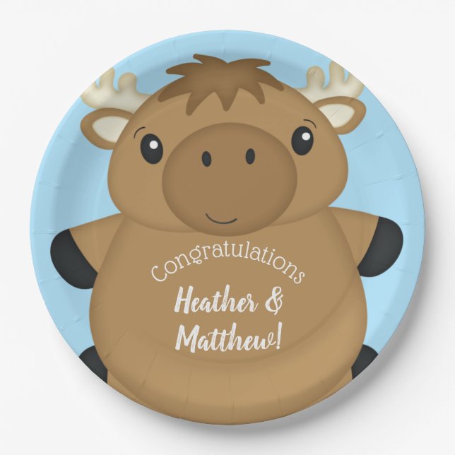 Moose Baby Shower Blue Paper Plate (Front)