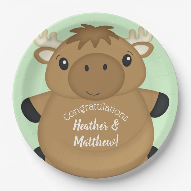 Moose Baby Shower Green Paper Plate (Front)