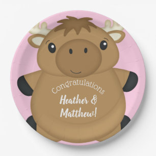 Moose Baby Shower Pink Paper Plate
