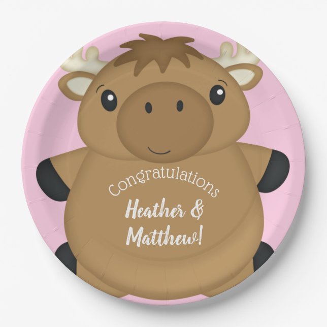 Moose Baby Shower Pink Paper Plate (Front)